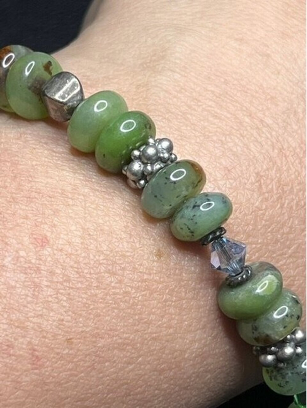 B7083 Artisan Toggle Bracelet Green Jasper Sterling Silver *unmarked Crystal